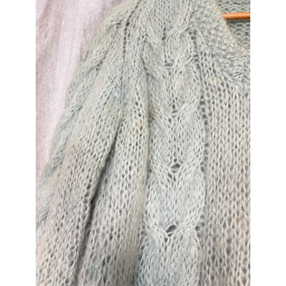 Pamella Hand Knit Mohair Blend Cable Knit V-Neck Sweater Sage Green Womens - Picture 4 of 12